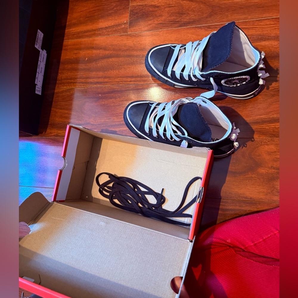 Black High-Top Canvas Sneakers with Pink Satin Ribbon Laces - Picture 5 of 9